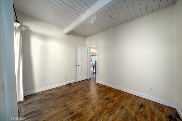 unfurnished room featuring beamed ceiling, dark hardwood / wood-style flooring, and wooden ceiling