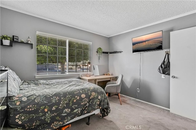 bedroom with a textured ceiling, crown molding, and light carpet