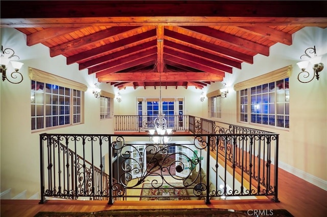 interior space featuring hardwood / wood-style flooring, lofted ceiling with beams, and wooden ceiling