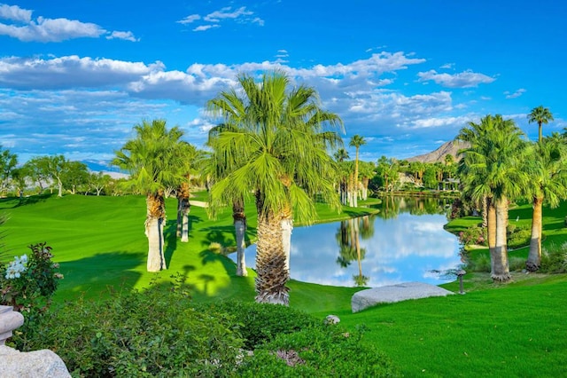 view of home's community featuring a yard and a water and mountain view