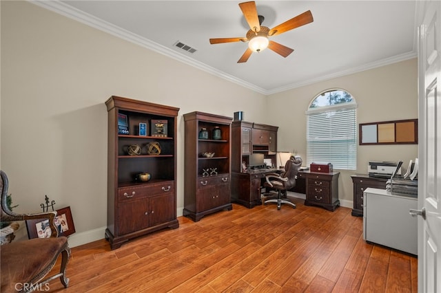 office area featuring hardwood / wood-style floors, ceiling fan, and ornamental molding