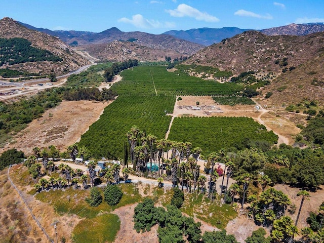 drone / aerial view featuring a mountain view and a rural view