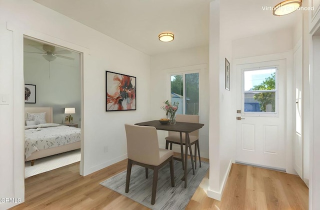 entryway with ceiling fan and light wood-type flooring