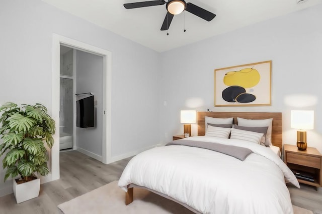 bedroom featuring ceiling fan and light wood-type flooring