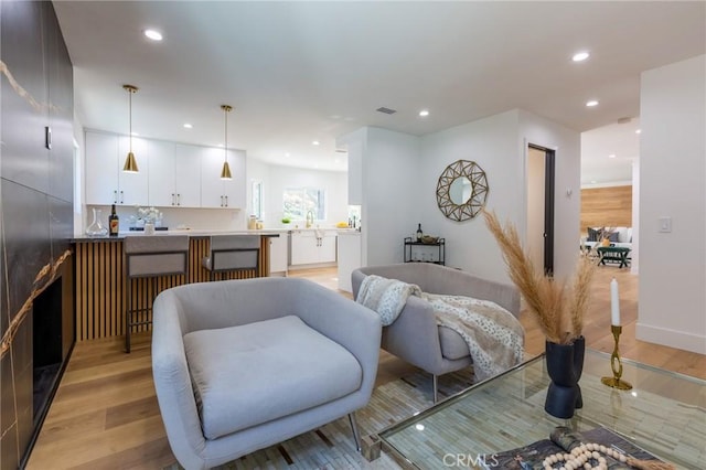 living room with light hardwood / wood-style flooring