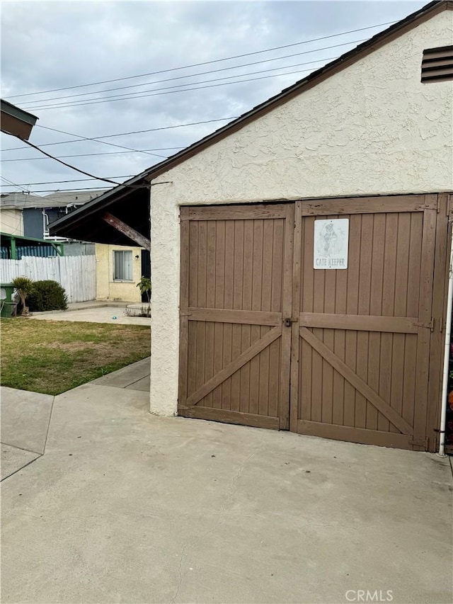 exterior space with a shed