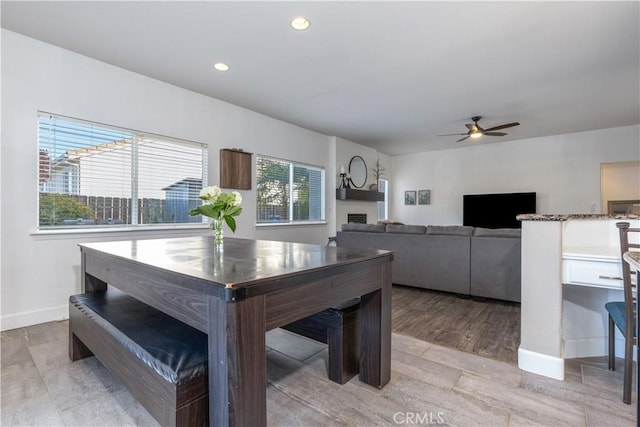 dining area with ceiling fan and light wood-type flooring