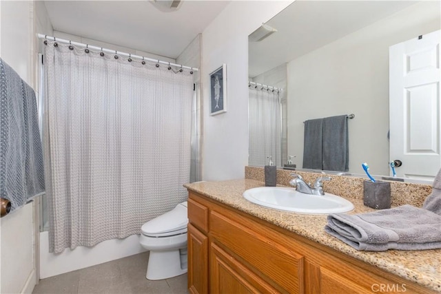 full bathroom featuring tile patterned floors, toilet, vanity, and shower / tub combo with curtain