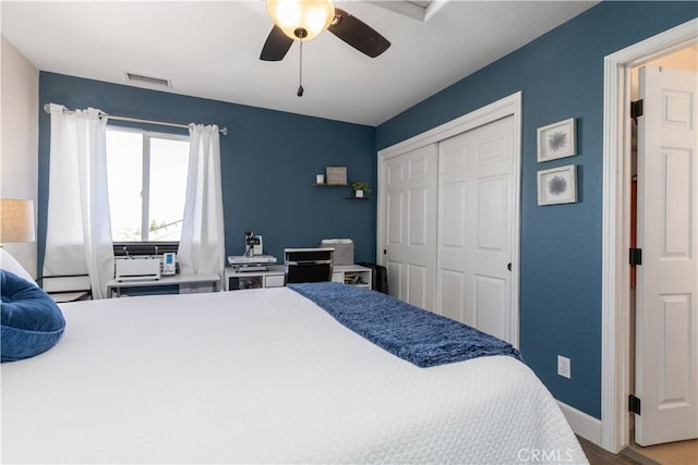 bedroom with ceiling fan and a closet