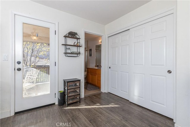 entryway with dark hardwood / wood-style flooring