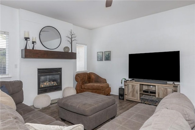 living room featuring ceiling fan and hardwood / wood-style floors