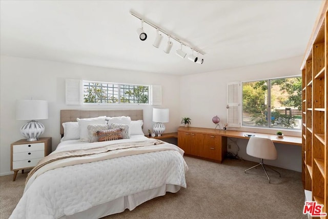 bedroom featuring light carpet and track lighting