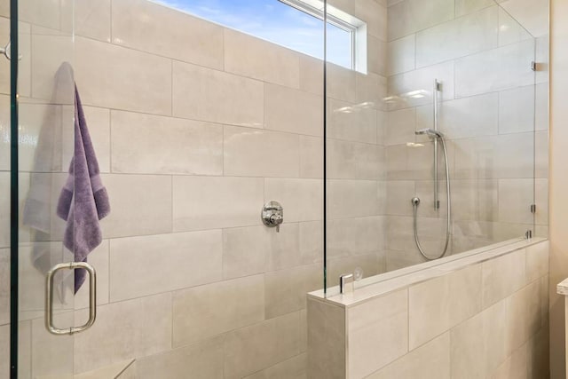 bathroom with a shower with shower door