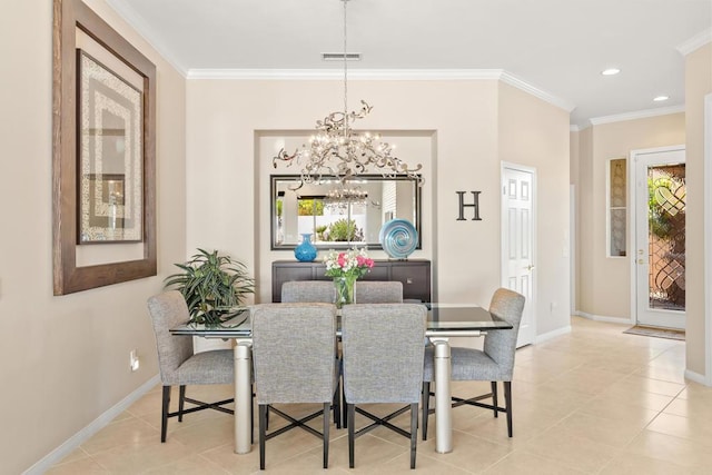 dining room with a chandelier, ornamental molding, and light tile patterned flooring