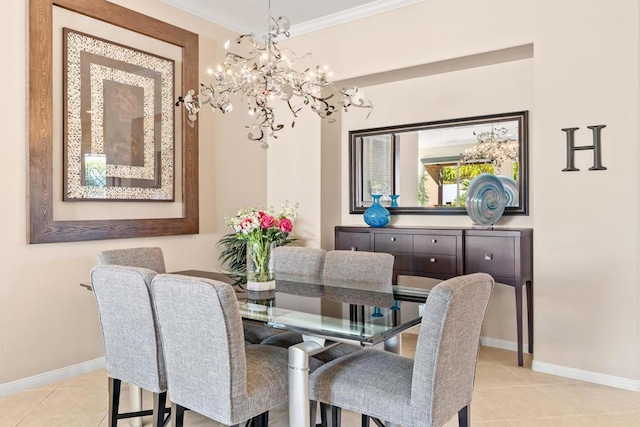 dining space featuring light tile patterned flooring and crown molding