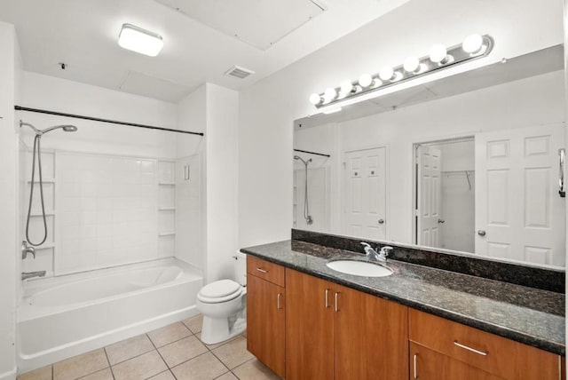 full bathroom featuring bathtub / shower combination, tile patterned floors, toilet, and vanity