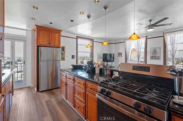 kitchen with hanging light fixtures, stainless steel appliances, hardwood / wood-style flooring, and ceiling fan