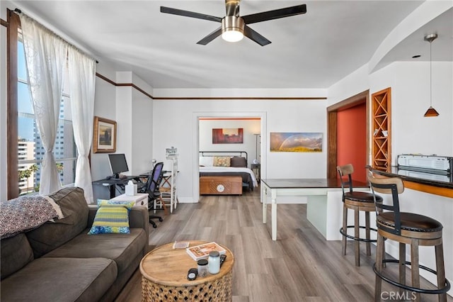 living room featuring hardwood / wood-style floors and ceiling fan