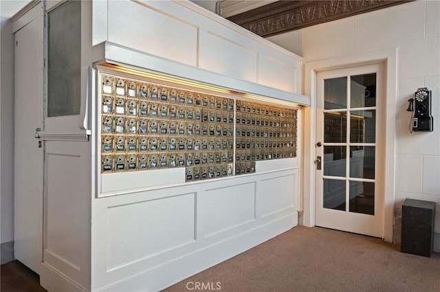 wine room featuring carpet and a mail area