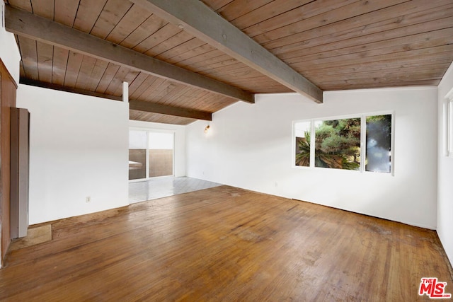 unfurnished room featuring hardwood / wood-style flooring, vaulted ceiling with beams, and wood ceiling