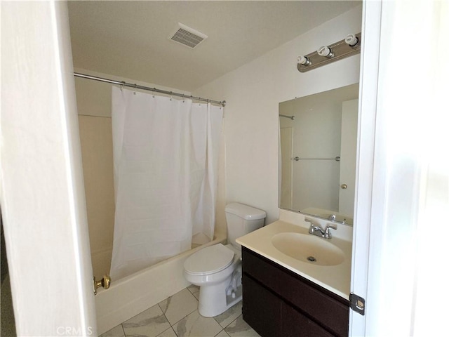 full bathroom with vanity, shower / bath combination with curtain, and toilet