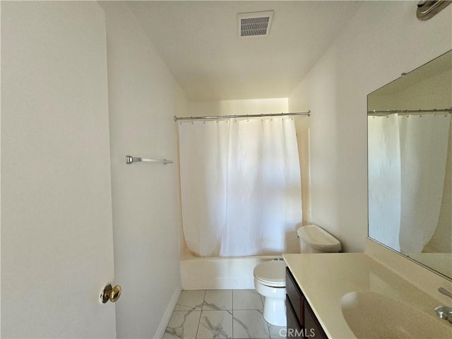 full bathroom with vanity, shower / bath combination with curtain, and toilet