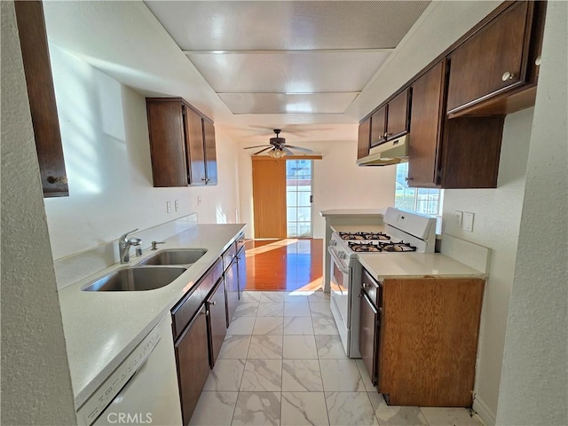 kitchen with ceiling fan, light hardwood / wood-style floors, white appliances, and sink