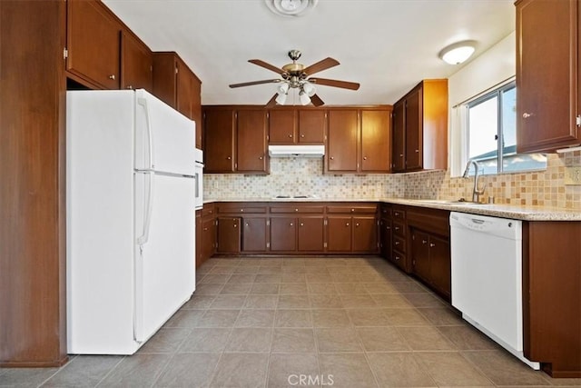 kitchen with decorative backsplash, white appliances, ceiling fan, sink, and light tile patterned flooring