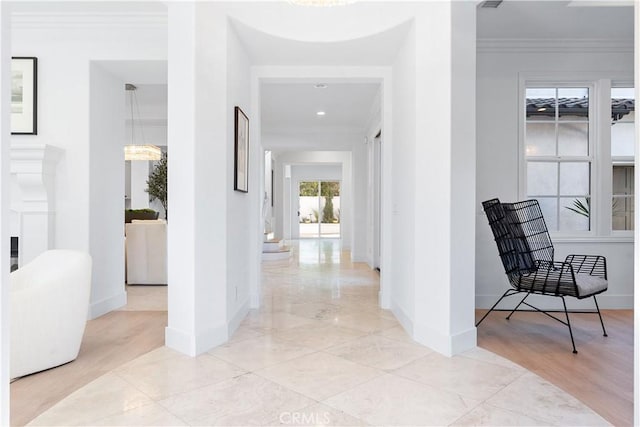 hall with light wood-type flooring and ornamental molding