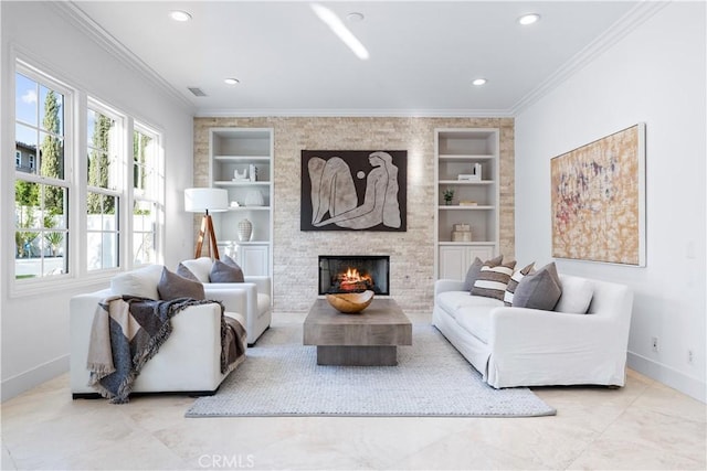 living room featuring a fireplace, built in shelves, and crown molding