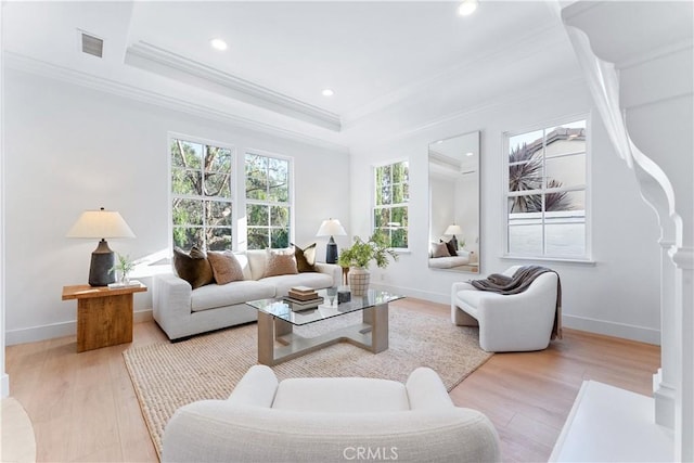 living room featuring a tray ceiling, light hardwood / wood-style flooring, and ornamental molding