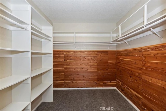 walk in closet featuring dark carpet