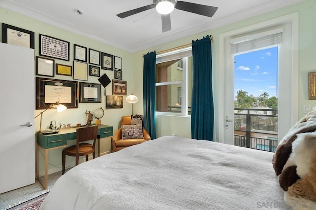 bedroom featuring access to exterior and ceiling fan