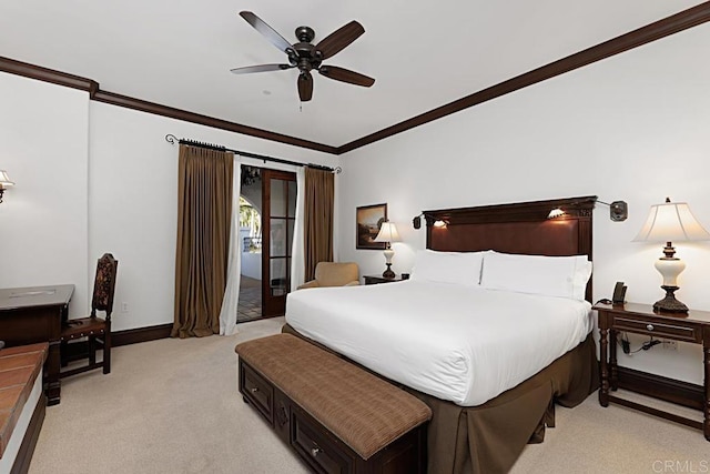 bedroom featuring crown molding, light carpet, access to exterior, and ceiling fan