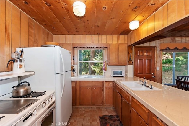 kitchen with sink, a wealth of natural light, wooden walls, and stainless steel electric range