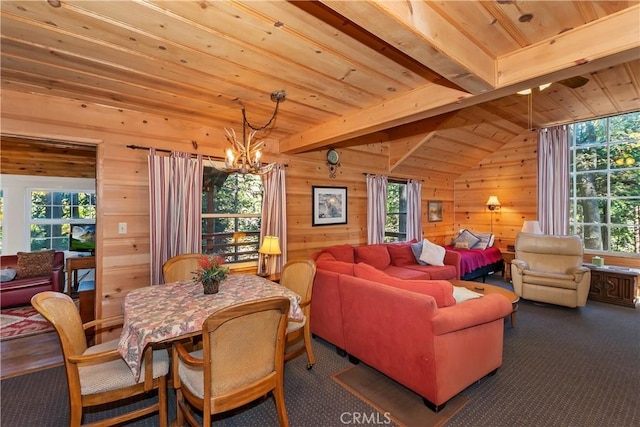 dining space featuring wood walls, a healthy amount of sunlight, wooden ceiling, and an inviting chandelier