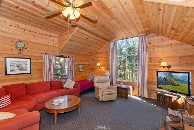 living room featuring carpet flooring, lofted ceiling, wooden walls, and wood ceiling