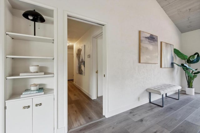 hall featuring vaulted ceiling and light hardwood / wood-style floors