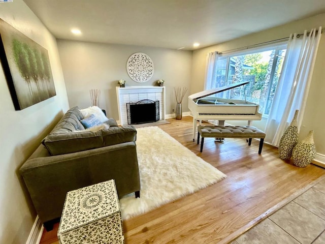 living room featuring a fireplace and wood-type flooring