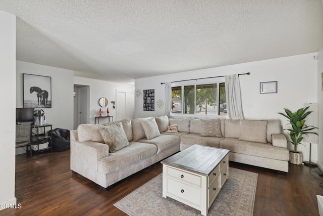 living room with a textured ceiling and dark hardwood / wood-style floors