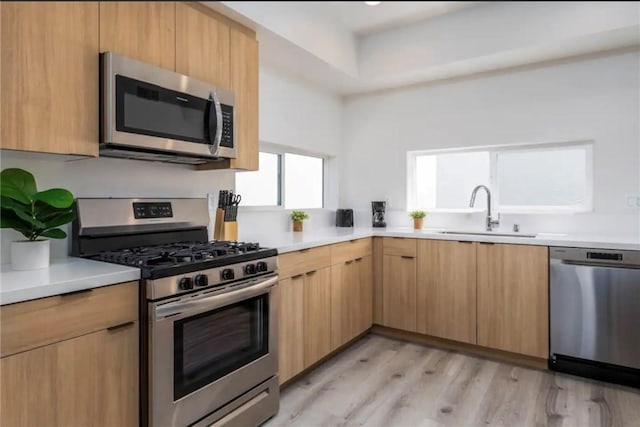 kitchen featuring light hardwood / wood-style floors, sink, stainless steel appliances, and light brown cabinetry