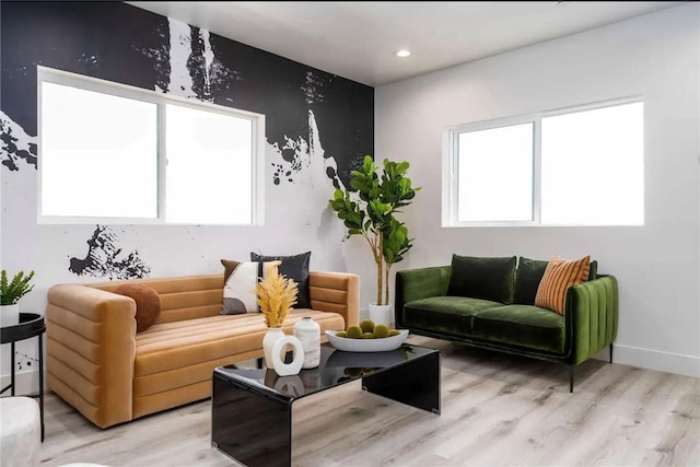 living room with light hardwood / wood-style floors and a healthy amount of sunlight