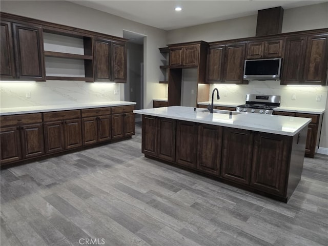 kitchen with sink, an island with sink, appliances with stainless steel finishes, dark brown cabinets, and light hardwood / wood-style floors