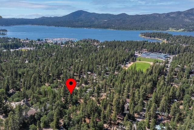 drone / aerial view featuring a water and mountain view