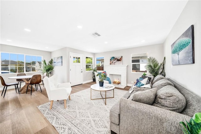 living room with a fireplace and light wood-type flooring