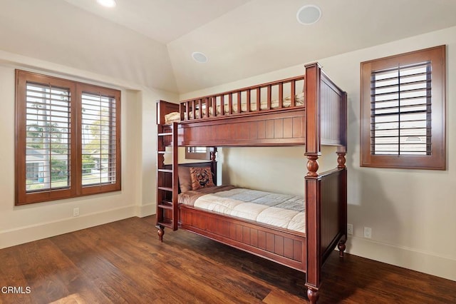 bedroom featuring dark wood-type flooring and lofted ceiling