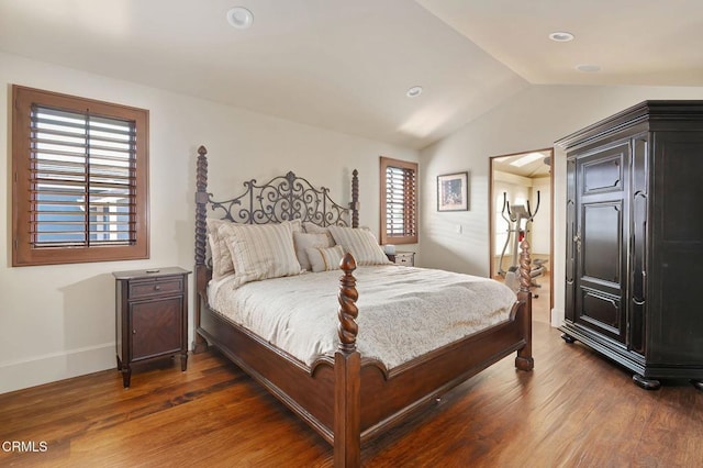 bedroom featuring vaulted ceiling, multiple windows, and dark hardwood / wood-style floors