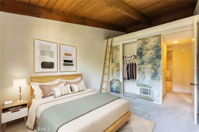 6542 Ocean Crest Dr Unit C-309, Rancho Palos Verdes, CA 90275 - bedroom featuring a wood ceiling with exposed beams, carpet floors, and a closet
