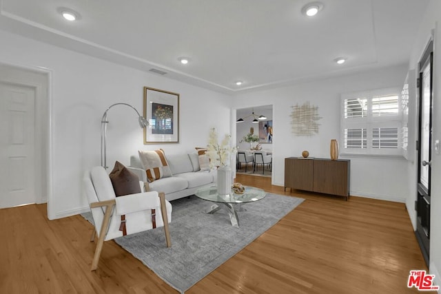 living room featuring ceiling fan and light wood-type flooring