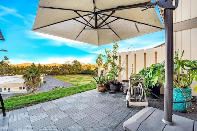 view of patio featuring a mountain view